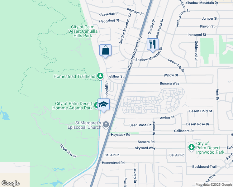 map of restaurants, bars, coffee shops, grocery stores, and more near 46-83 Frontage Road in Palm Desert