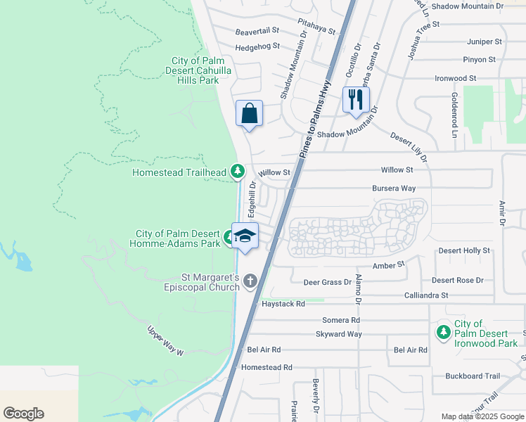 map of restaurants, bars, coffee shops, grocery stores, and more near 72664 Eagle Road in Palm Desert