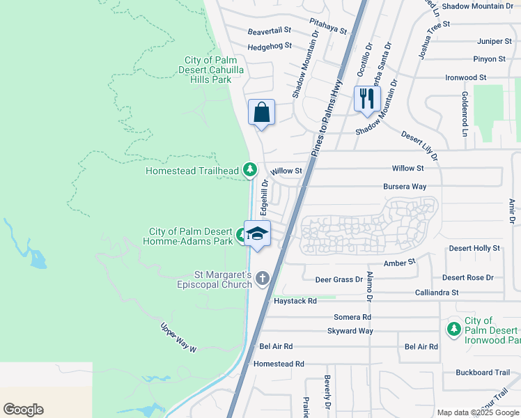 map of restaurants, bars, coffee shops, grocery stores, and more near 72564 Edgehill Drive in Palm Desert