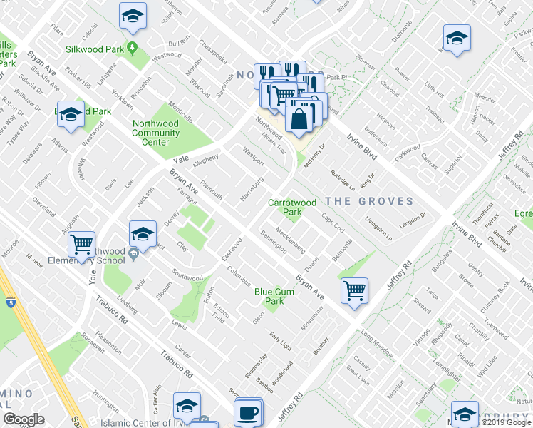map of restaurants, bars, coffee shops, grocery stores, and more near 9 Nantucket in Irvine