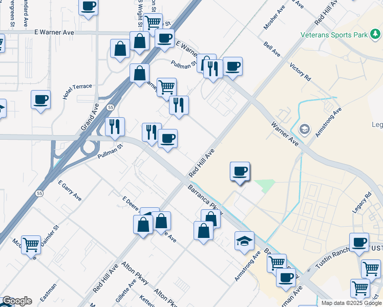 map of restaurants, bars, coffee shops, grocery stores, and more near 2550 Red Hill Avenue in Santa Ana