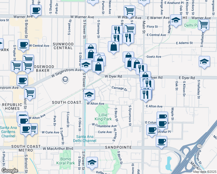 map of restaurants, bars, coffee shops, grocery stores, and more near 2920A Bradford Place in Santa Ana