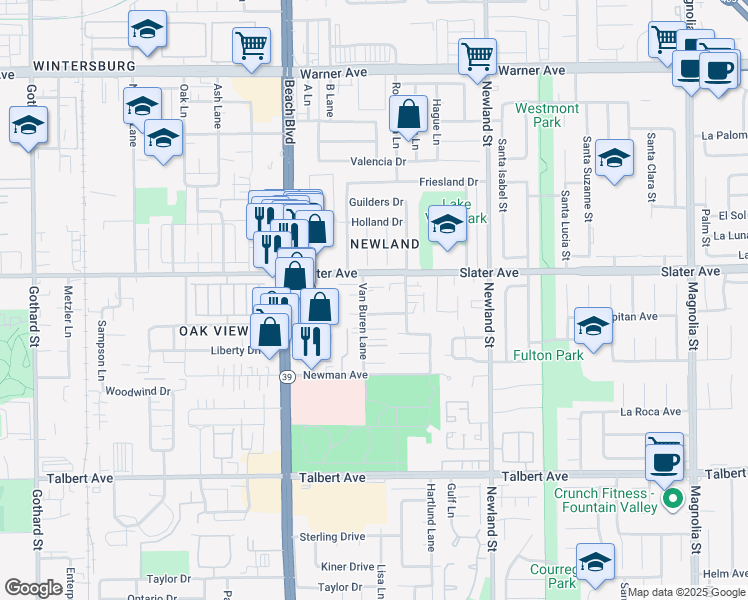 map of restaurants, bars, coffee shops, grocery stores, and more near 8202 Slater Avenue in Huntington Beach