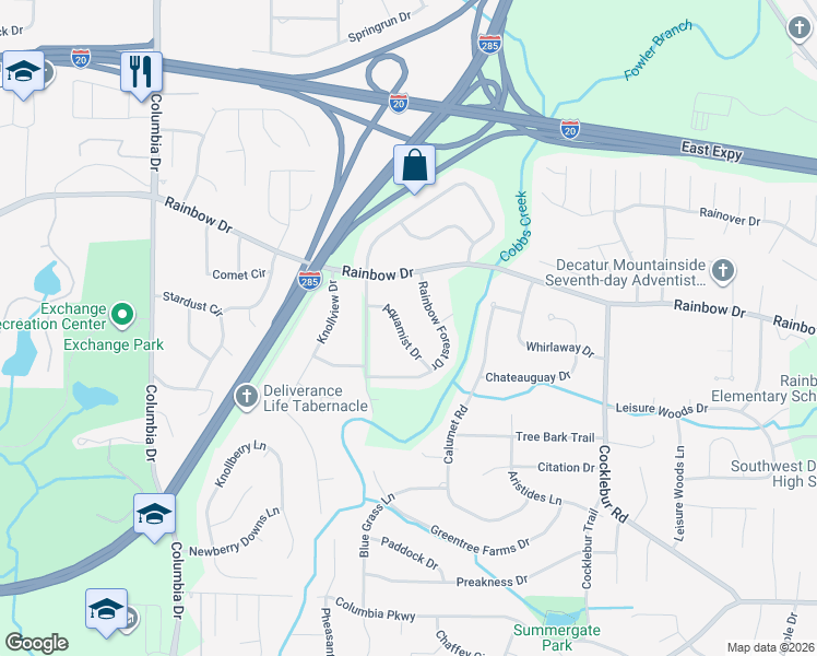 map of restaurants, bars, coffee shops, grocery stores, and more near 2696 Aquamist Drive in Decatur