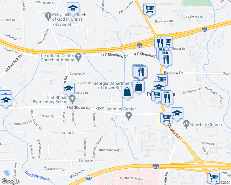 map of restaurants, bars, coffee shops, grocery stores, and more near 2724 Quincy Lane in Decatur