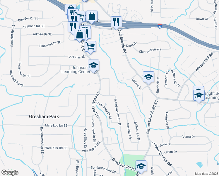 map of restaurants, bars, coffee shops, grocery stores, and more near 2712 Larkspur Drive Southeast in Atlanta