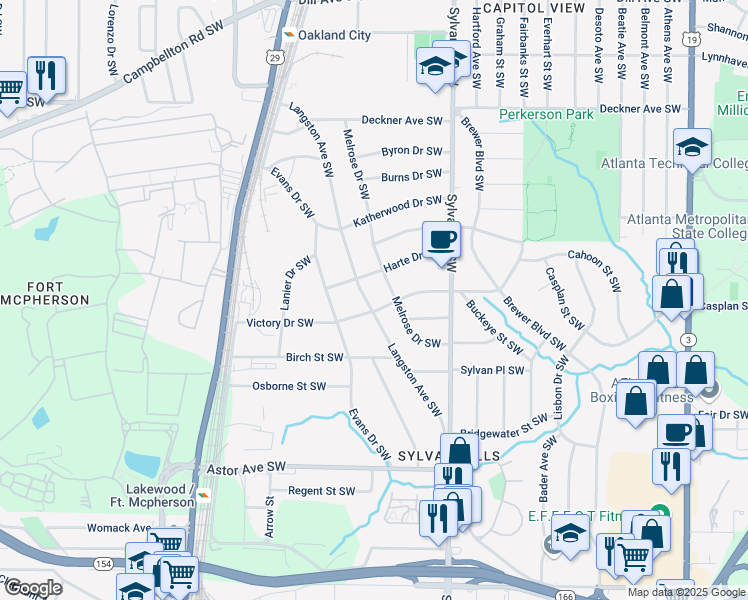 map of restaurants, bars, coffee shops, grocery stores, and more near 1740 Langston Avenue Southwest in Atlanta