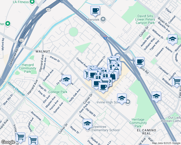 map of restaurants, bars, coffee shops, grocery stores, and more near 14371 Miro Court in Irvine