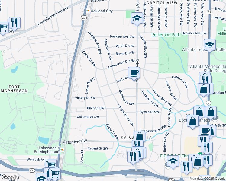 map of restaurants, bars, coffee shops, grocery stores, and more near 1740 Langston Avenue Southwest in Atlanta