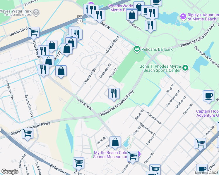 map of restaurants, bars, coffee shops, grocery stores, and more near 1269 Monticello Drive in Myrtle Beach
