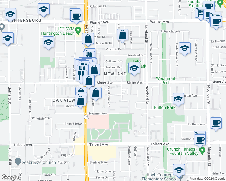 map of restaurants, bars, coffee shops, grocery stores, and more near 17556 Van Buren Lane in Huntington Beach