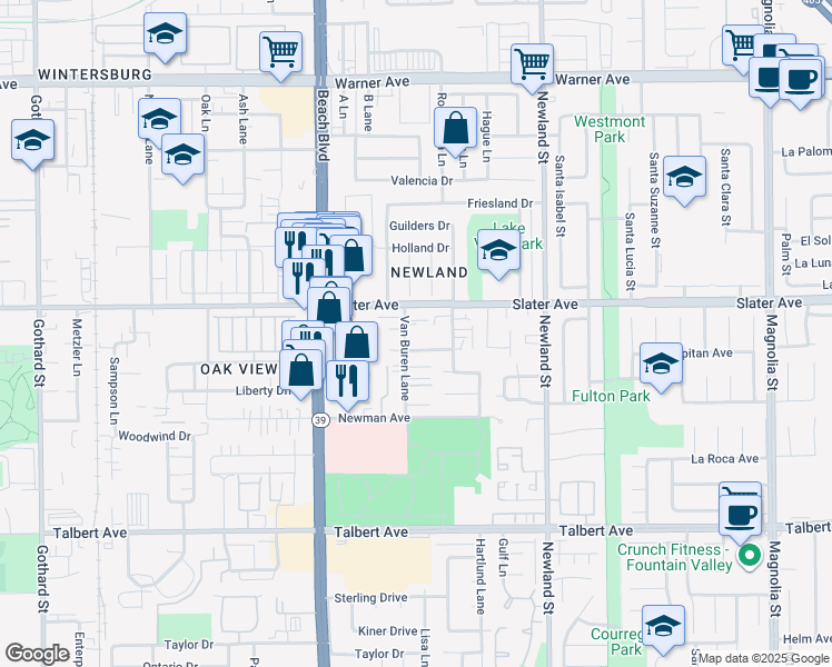 map of restaurants, bars, coffee shops, grocery stores, and more near 8202 Slater Avenue in Huntington Beach