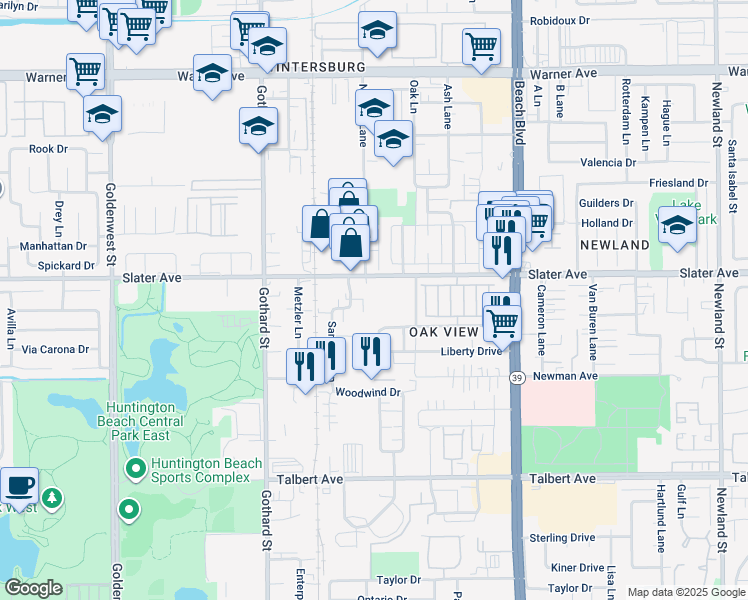 map of restaurants, bars, coffee shops, grocery stores, and more near 17532 Griffin Lane in Huntington Beach