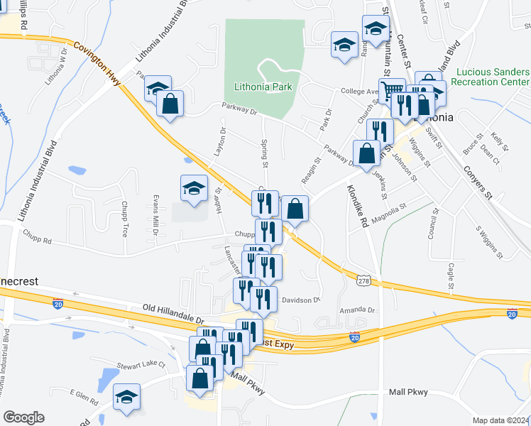 map of restaurants, bars, coffee shops, grocery stores, and more near 7482 Covington Highway in Lithonia