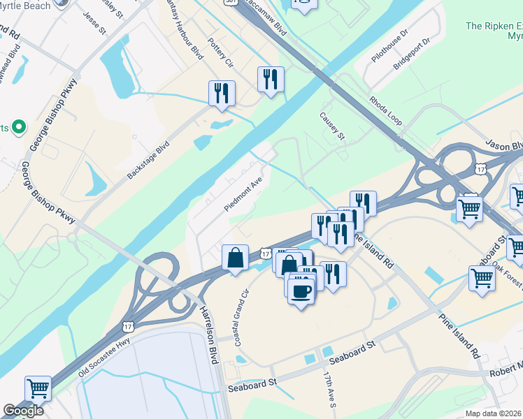 map of restaurants, bars, coffee shops, grocery stores, and more near 436 Waterside Drive in Myrtle Beach