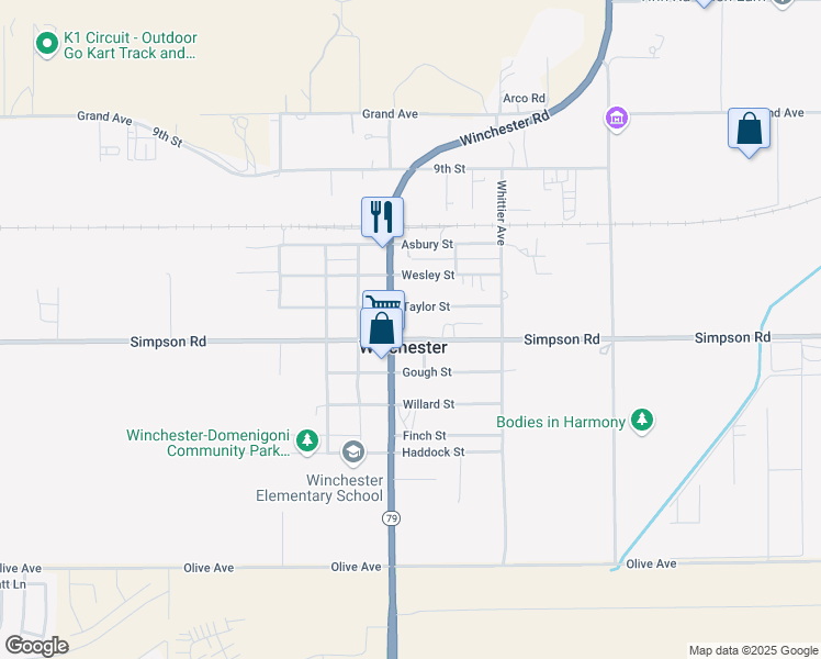 map of restaurants, bars, coffee shops, grocery stores, and more near 33040 Simpson Road in Winchester