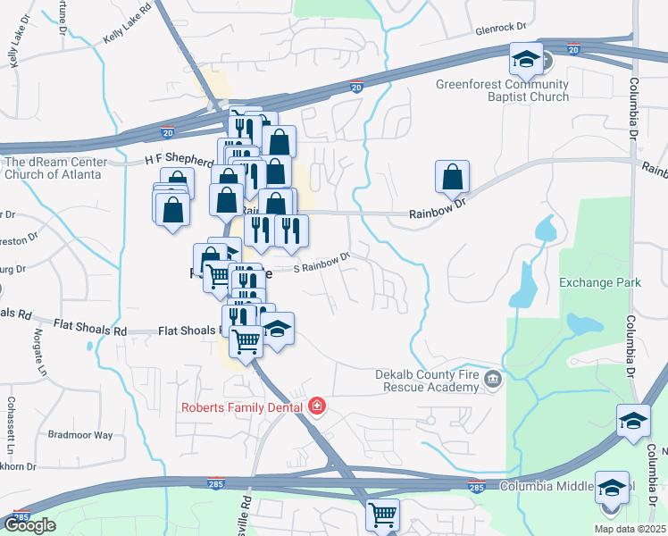 map of restaurants, bars, coffee shops, grocery stores, and more near 1503 Eastern Sunrise Lane in Decatur