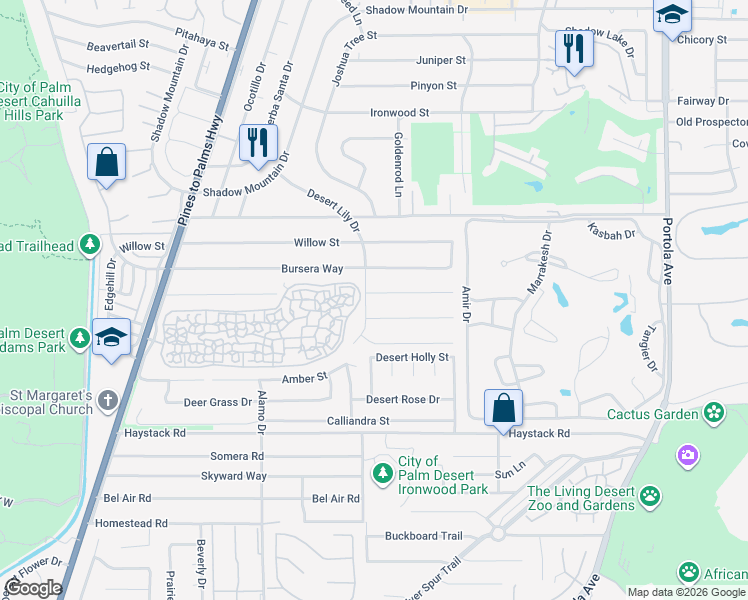 map of restaurants, bars, coffee shops, grocery stores, and more near 73265 Tamarisk Street in Palm Desert