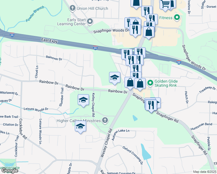 map of restaurants, bars, coffee shops, grocery stores, and more near 4140 Rainbow Drive in Decatur