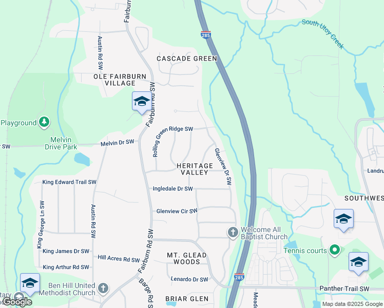 map of restaurants, bars, coffee shops, grocery stores, and more near 3494 Heritage Valley Road Southwest in Atlanta