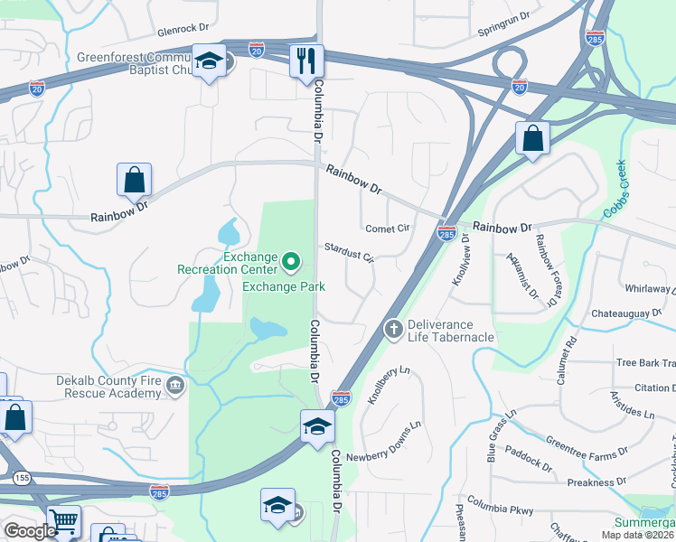 map of restaurants, bars, coffee shops, grocery stores, and more near 2696 Columbia Drive in Decatur