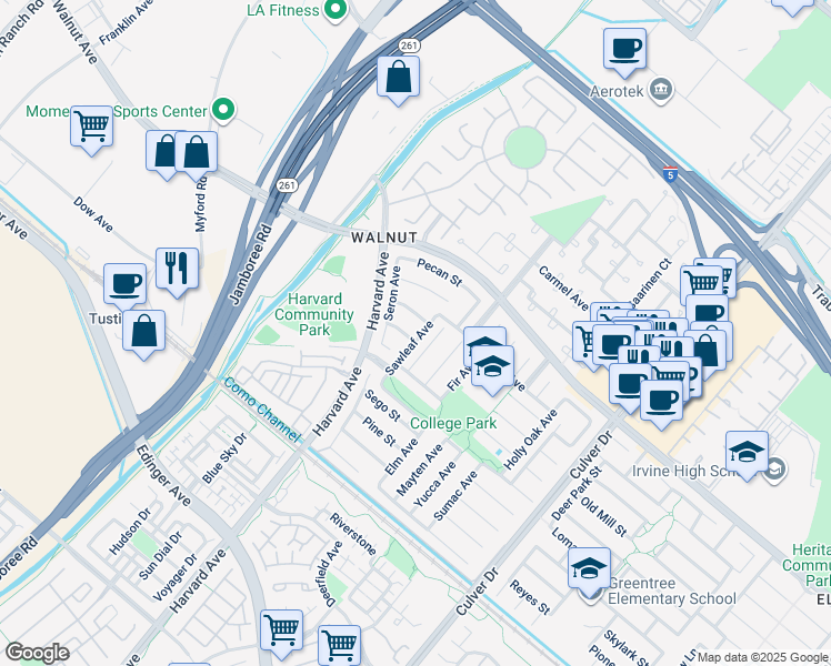 map of restaurants, bars, coffee shops, grocery stores, and more near 14591 Sawleaf Avenue in Irvine