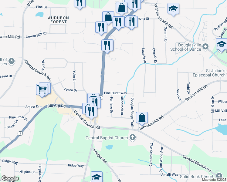 map of restaurants, bars, coffee shops, grocery stores, and more near 3585 Marshall Court in Douglasville