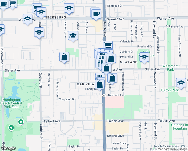 map of restaurants, bars, coffee shops, grocery stores, and more near in Huntington Beach