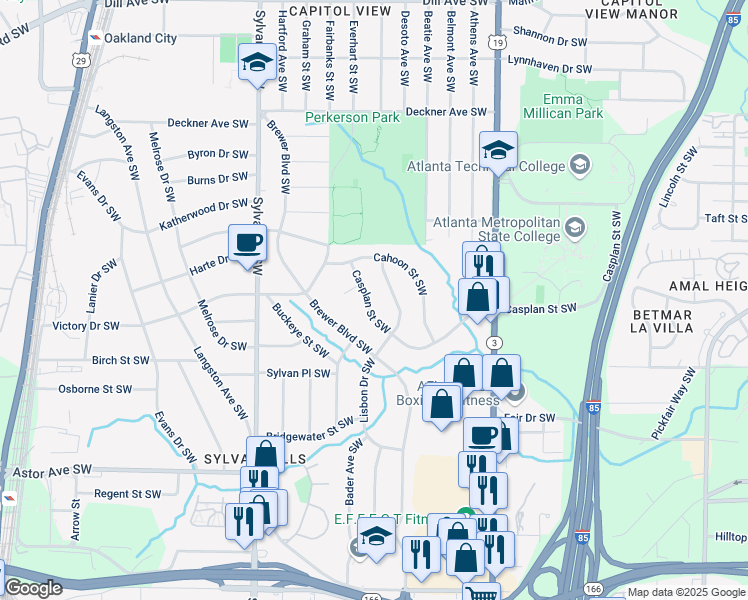 map of restaurants, bars, coffee shops, grocery stores, and more near 779 Casplan Street Southwest in Atlanta