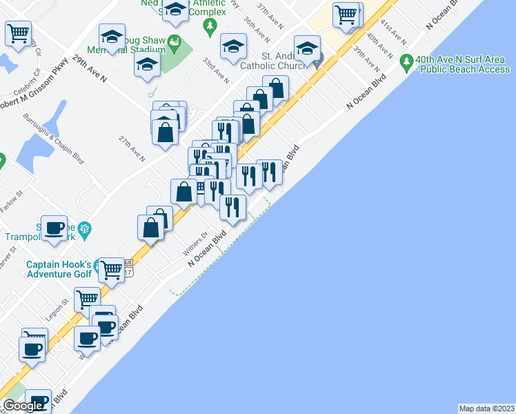 map of restaurants, bars, coffee shops, grocery stores, and more near 3000 North Ocean Boulevard in Myrtle Beach
