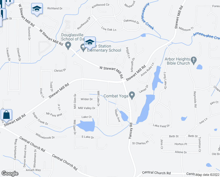 map of restaurants, bars, coffee shops, grocery stores, and more near 5542 Stewart Woods Drive in Douglasville