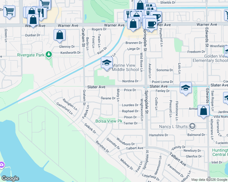 map of restaurants, bars, coffee shops, grocery stores, and more near 17532 Montbury Circle in Huntington Beach
