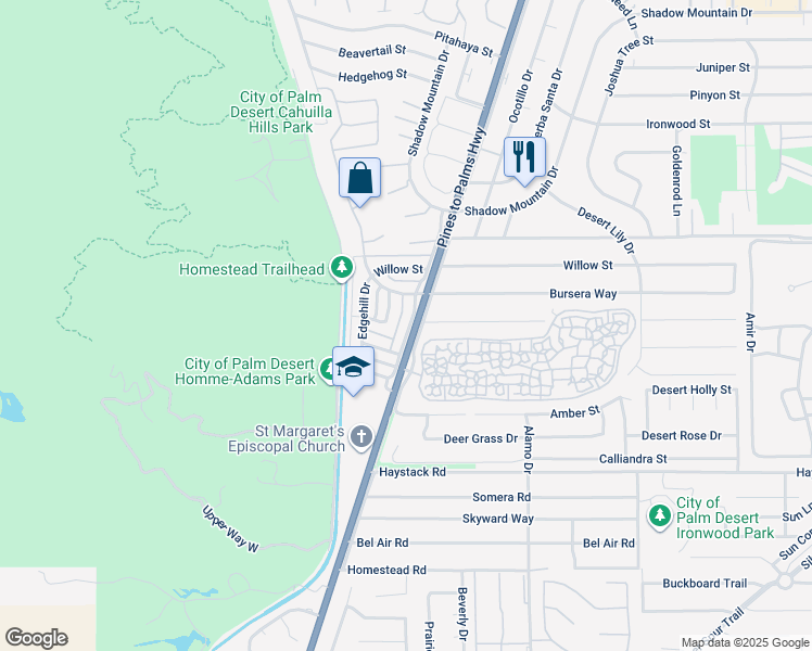 map of restaurants, bars, coffee shops, grocery stores, and more near 46-83 Frontage Road in Palm Desert