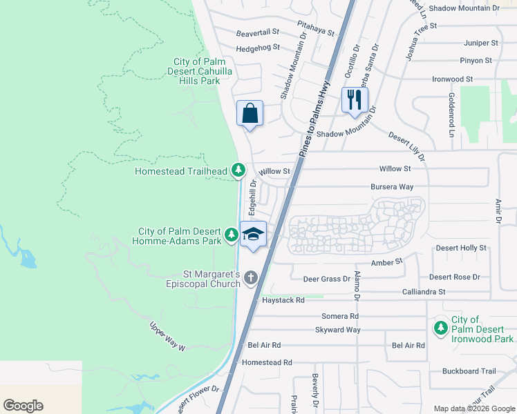 map of restaurants, bars, coffee shops, grocery stores, and more near 72664 Eagle Road in Palm Desert