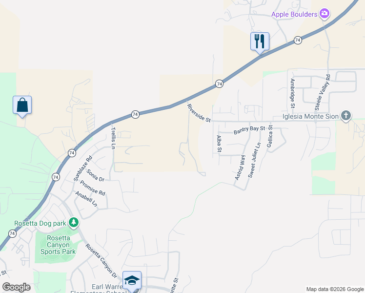 map of restaurants, bars, coffee shops, grocery stores, and more near 19841 Sharon Street in Lake Elsinore