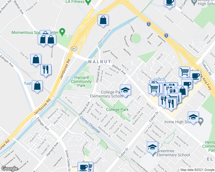 map of restaurants, bars, coffee shops, grocery stores, and more near 14591 Sawleaf Avenue in Irvine