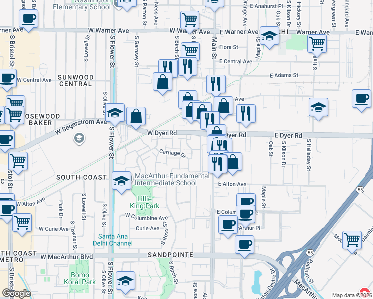 map of restaurants, bars, coffee shops, grocery stores, and more near 2931 South Sycamore Street in Santa Ana