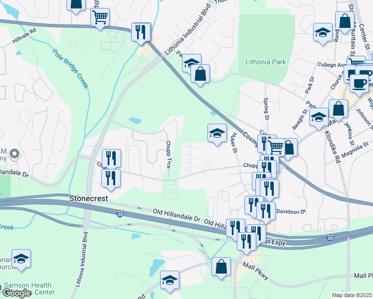 map of restaurants, bars, coffee shops, grocery stores, and more near 2607 Evans Mill Drive in Lithonia