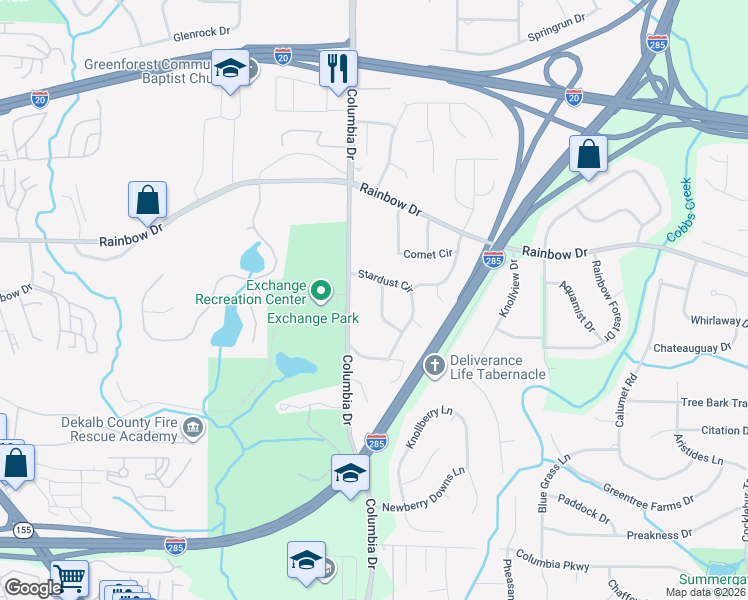 map of restaurants, bars, coffee shops, grocery stores, and more near 2696 Columbia Drive in Decatur