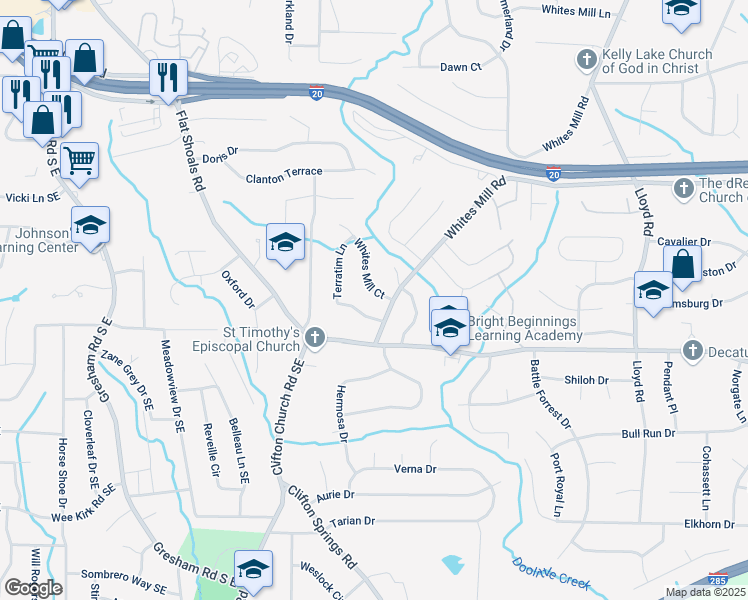 map of restaurants, bars, coffee shops, grocery stores, and more near 2727 Whites Mill Court in Decatur