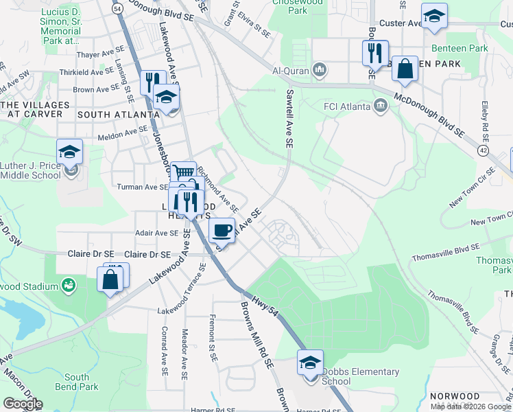 map of restaurants, bars, coffee shops, grocery stores, and more near 1117 Oak Knoll Terrace Southeast in Atlanta