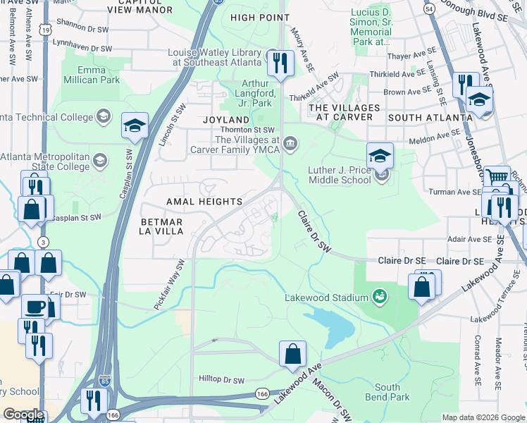 map of restaurants, bars, coffee shops, grocery stores, and more near 214 Amal Drive Southwest in Atlanta