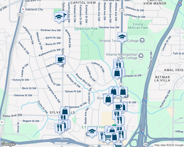 map of restaurants, bars, coffee shops, grocery stores, and more near 779 Casplan Street Southwest in Atlanta