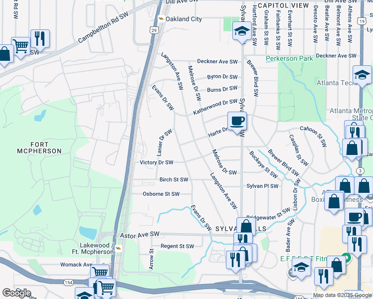 map of restaurants, bars, coffee shops, grocery stores, and more near 1046 Harte Drive Southwest in Atlanta