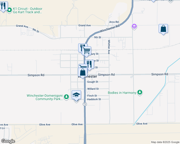 map of restaurants, bars, coffee shops, grocery stores, and more near 33040 Simpson Road in Winchester