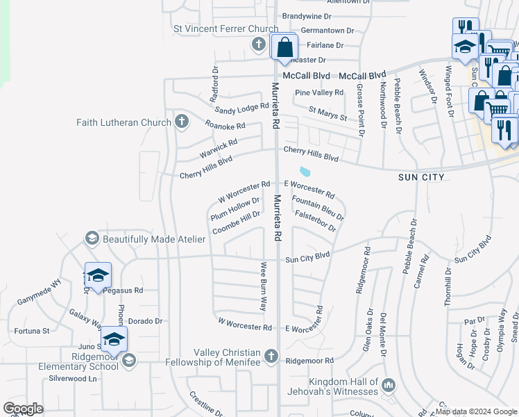 map of restaurants, bars, coffee shops, grocery stores, and more near 25900 Coombe Hill Drive in Menifee