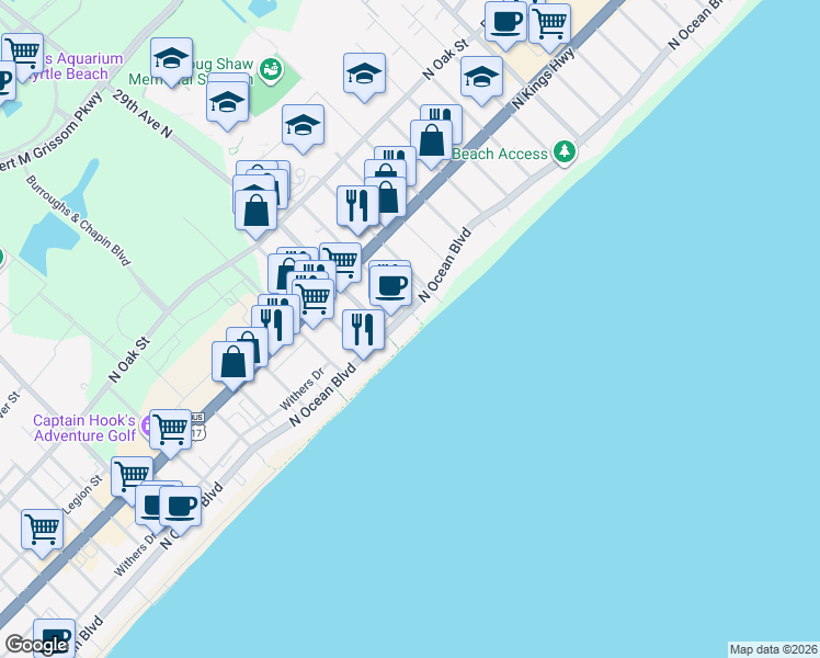 map of restaurants, bars, coffee shops, grocery stores, and more near 3000 North Ocean Boulevard in Myrtle Beach