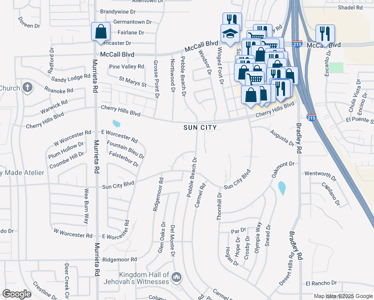 map of restaurants, bars, coffee shops, grocery stores, and more near 26470 Cedar Crest Drive in Menifee