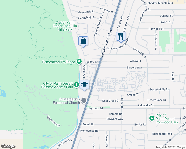 map of restaurants, bars, coffee shops, grocery stores, and more near 46895 California 74 in Palm Desert