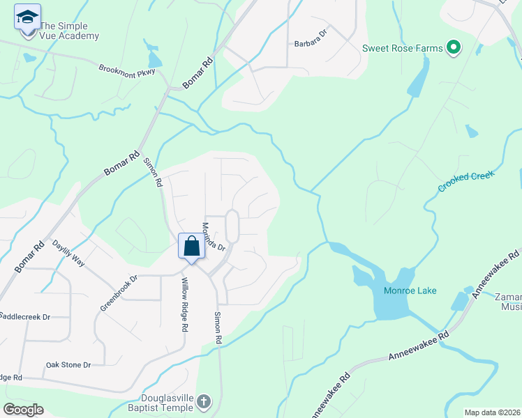 map of restaurants, bars, coffee shops, grocery stores, and more near 3854 Hadley Road in Douglasville